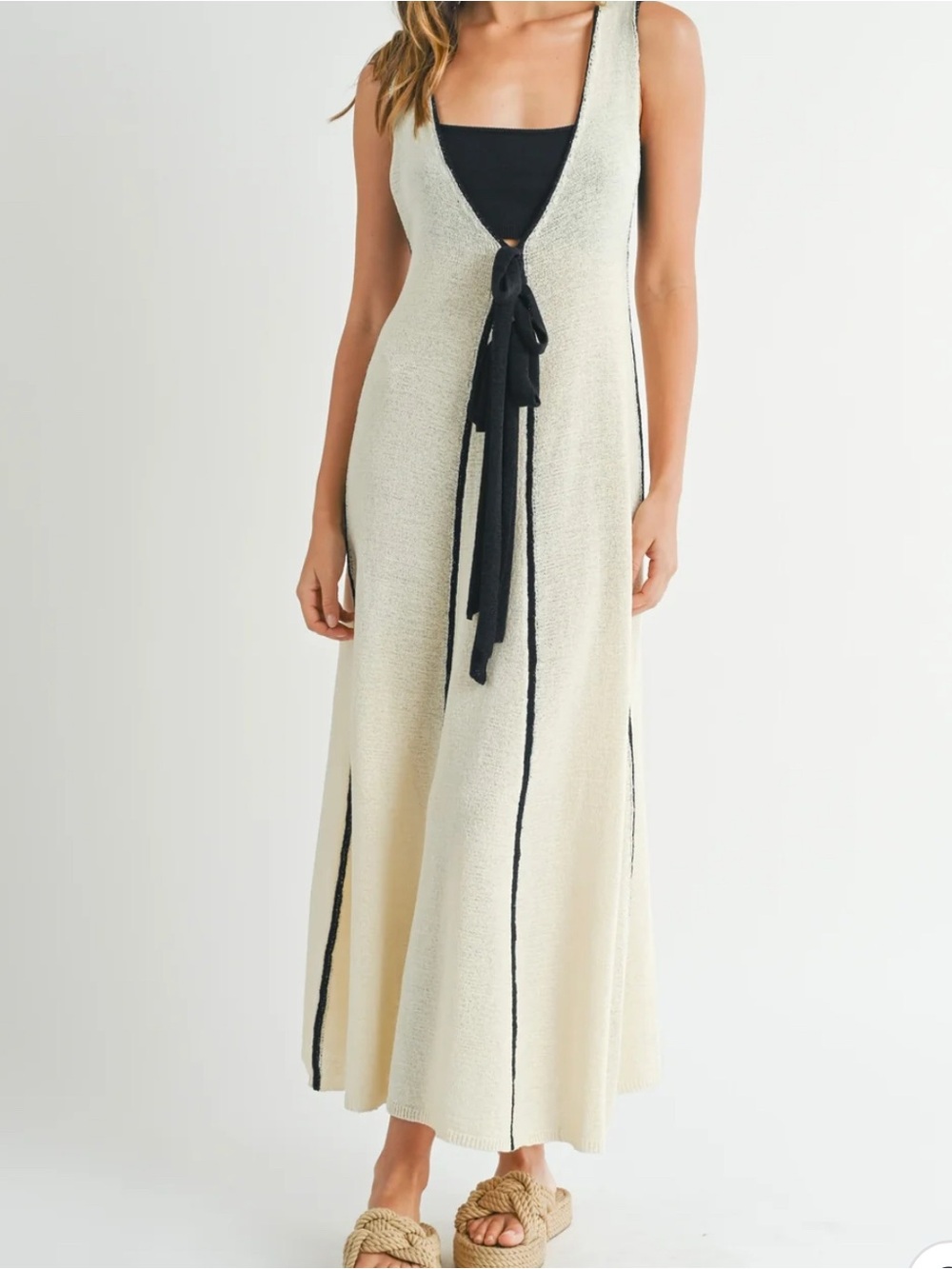 Cream Maxi Dress with Black Tie-Front Detail
